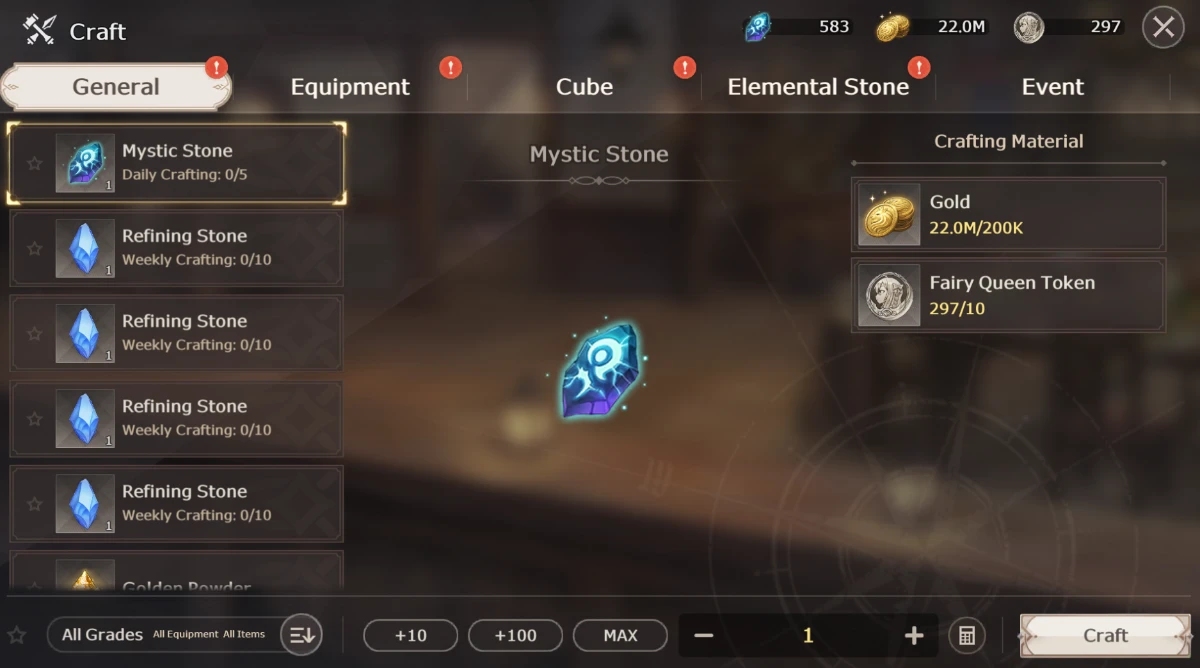 Lost Sword crafting screen