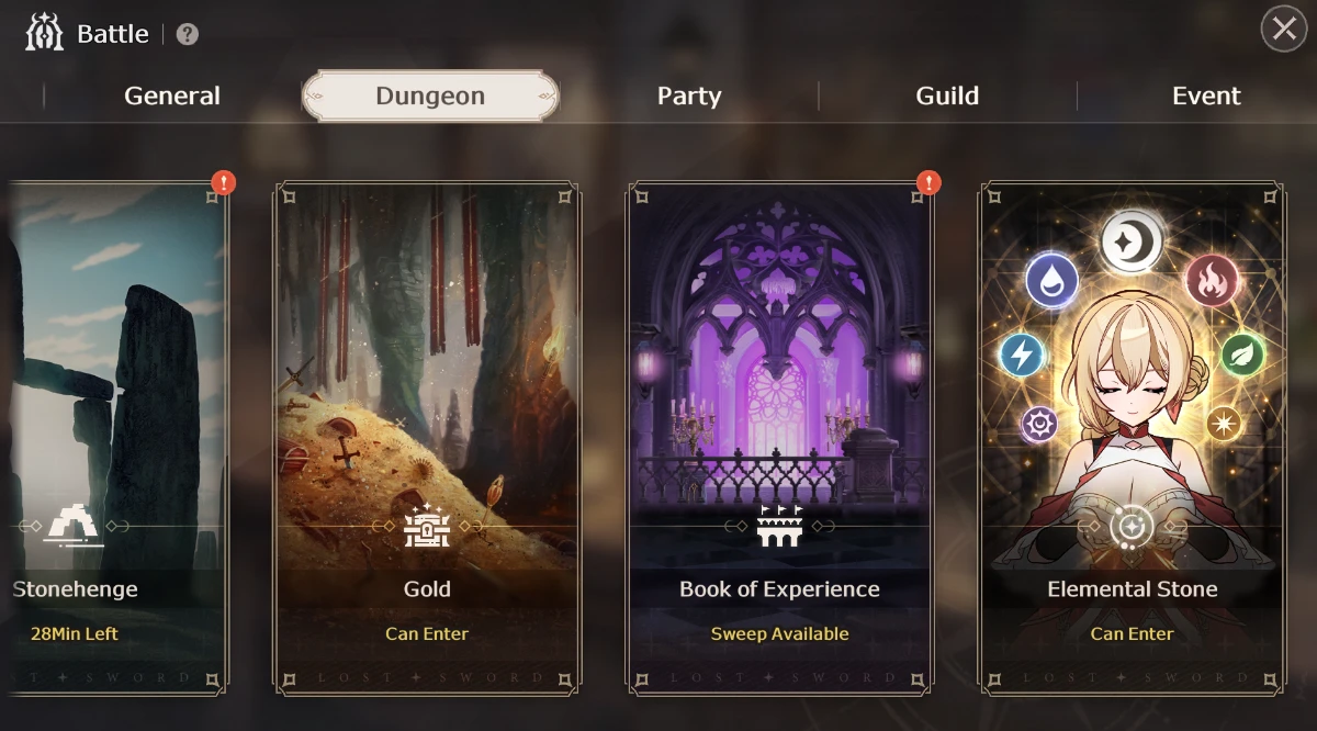 Lost Sword elemental dungeon screen