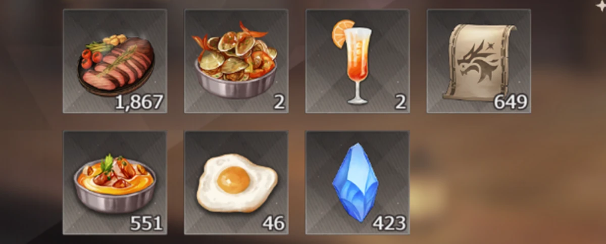 Lost Sword different types of food items